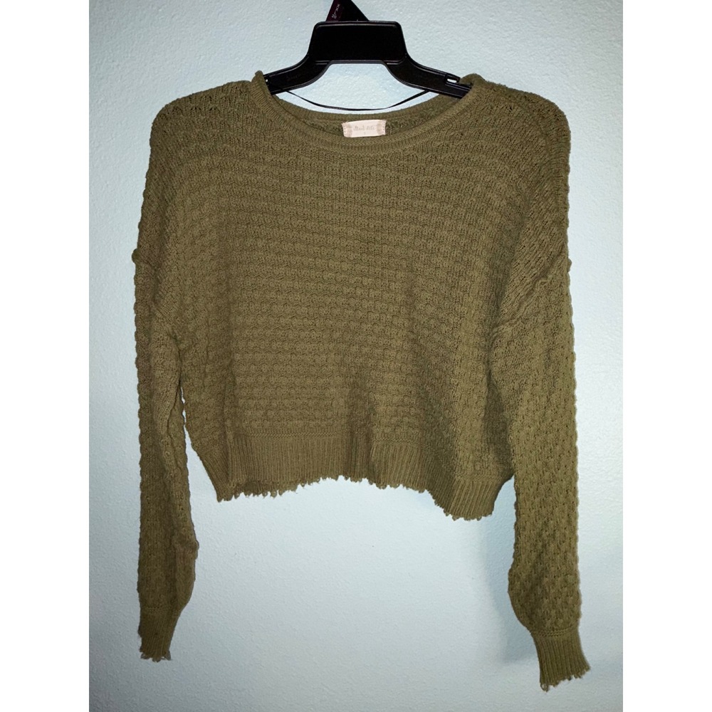 Altar'd State Olive Green Cropped Textured Knit Frayed Hem Sweater Small